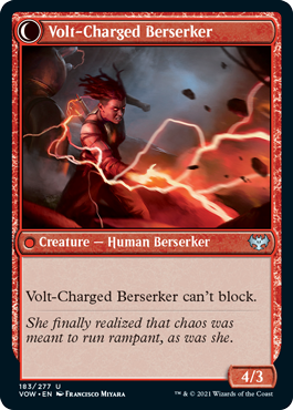 Volt-Charged Berserker
 {T}: Voltaic Visionary deals 2 damage to you. Exile the top card of your library. You may play that card this turn. Activate only as a sorcery.
When you play a card exiled with Voltaic Visionary, transform Voltaic Visionary.